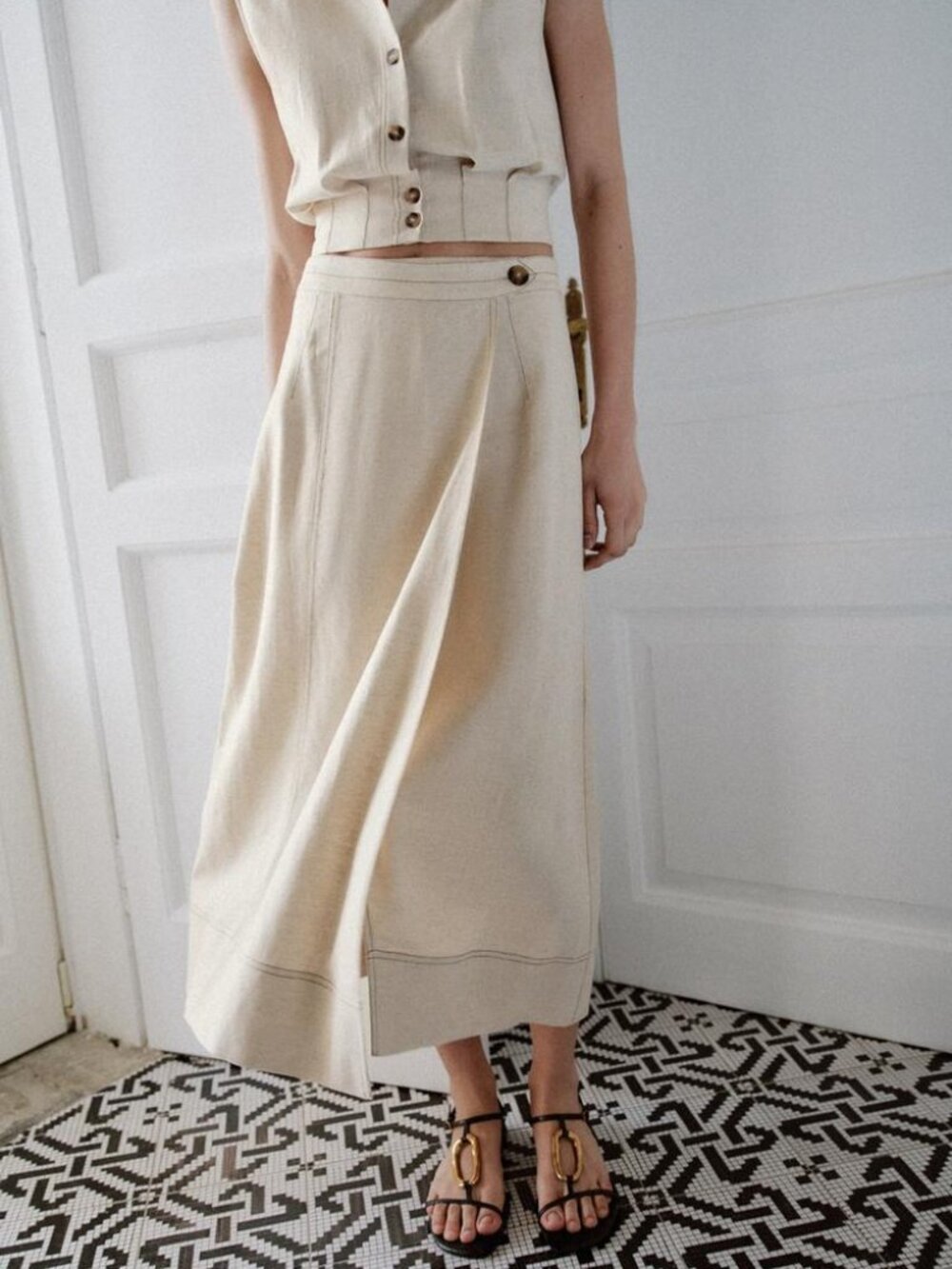 ZARA LINEN BLEND WRAP MIDI SKIRT